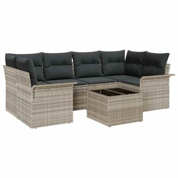 7-teiliges Garten-Sofa-Set mit Kissen Hellgrau Poly-Rattan