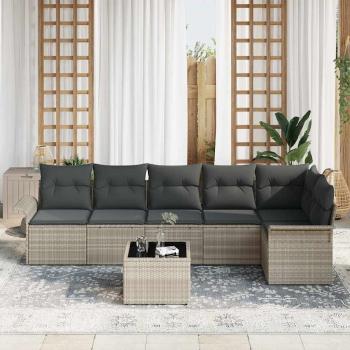 7-teiliges Garten-Sofa-Set mit Kissen Grau Poly Rattan