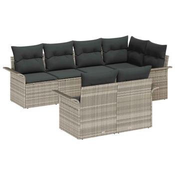 7-teiliges Garten Sofa Set mit Kissen Hellgrau Poly Rattan
