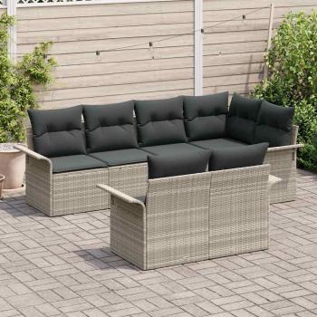 7-teiliges Garten Sofa Set mit Kissen Hellgrau Poly Rattan