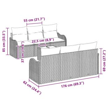 7-teiliges Garten Sofa Set mit Kissen Grau Poly Rattan
