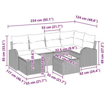 7-teiliges Garten Sofa Set mit Kissen Grau Poly Rattan