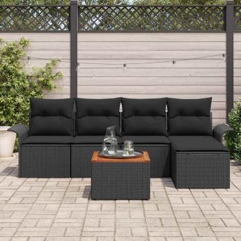 Garten Sofa Set 6 Teile Schwarz und Holzton Poly-Rattan und Holz