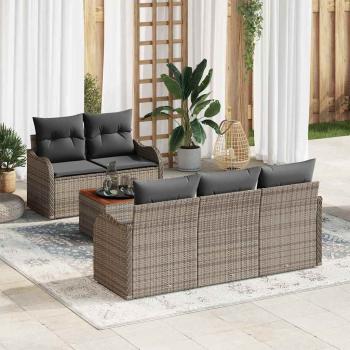 ARDEBO.de - 6-teiliges Garten-Sofa-Set mit Kissen Grau Poly-Rattan Akazie, 2-Sitzer Garten-Sofa mit Kissen Grau Poly-Rattan