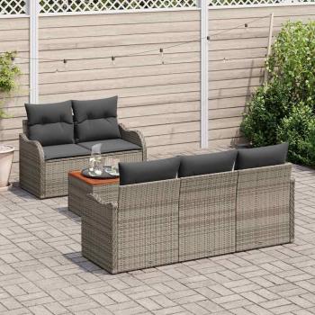 6-teiliges Garten-Sofa-Set mit Kissen Grau Poly-Rattan Akazie, 2-Sitzer Garten-Sofa mit Kissen Grau Poly-Rattan