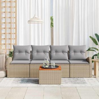 5-teiliges Garten Sofa Set mit Kissen Beige Poly Rattan Akazie