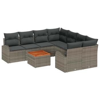 9-teiliges Garten Sofa Set mit Kissen Grau Poly Rattan Akazie