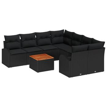 9-teiliges Garten-Sofa-Set mit Kissen Schwarz Polyrattan Akazie