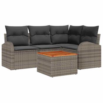 5-teiliges Gartensofa Set mit Kissen Grau Poly Rattan Akazie