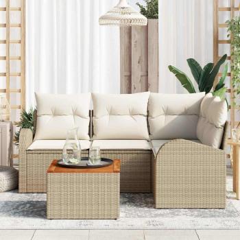 5-teiliges Garten-Sofa-Set mit Kissen Beige Poly-Rattan Akazie