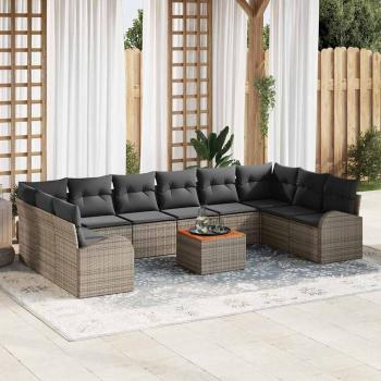 ARDEBO.de - 11-teiliges Garten Sofa Set mit Kissen Grau Poly Rattan Akazie