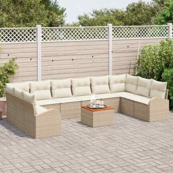 11-teiliges Garten Sofa Set mit Kissen Beige Poly Rattan Akazie