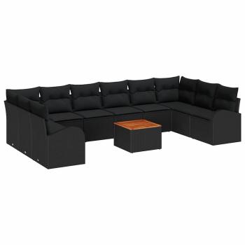 11-teiliges Garten Sofa Set mit Kissen Schwarz Poly Rattan Akazie