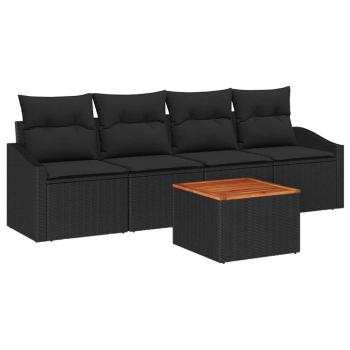 5-teiliges Garten Sofa Set mit Kissen Schwarz Poly Rattan Akazienholz