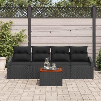 5-teiliges Garten Sofa Set mit Kissen Schwarz Poly Rattan Akazienholz