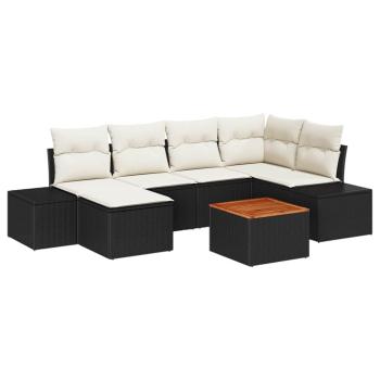 7-teiliges Garten Sofa Set mit Kissen Schwarz Poly Rattan Akazie