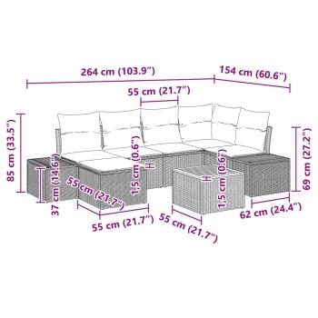 7-teiliges Garten-Sofa-Set mit Kissen Schwarz Poly Rattan Akazie