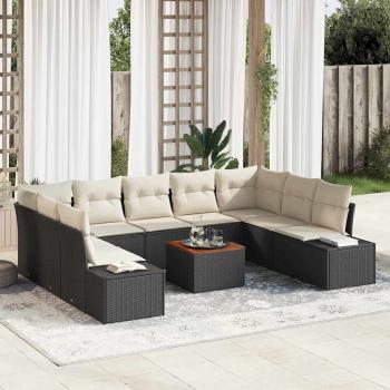 ARDEBO.de - Garten Sofa Set 10-teilig Schwarz und Creme Rattan, Polyesterstoff