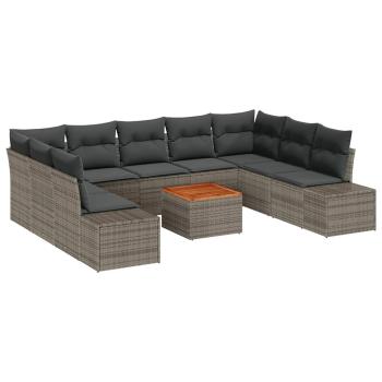 10-teiliges Garten Sofaset mit Kissen Grau Poly Rattan Akazie