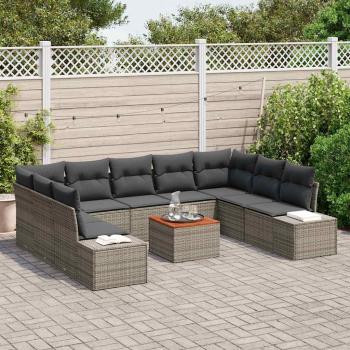 10-teiliges Garten Sofaset mit Kissen Grau Poly Rattan Akazie