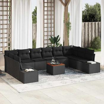 ARDEBO.de - 11-teiliges Garten Sofa Set mit Kissen Schwarz Poly Rattan Akazie