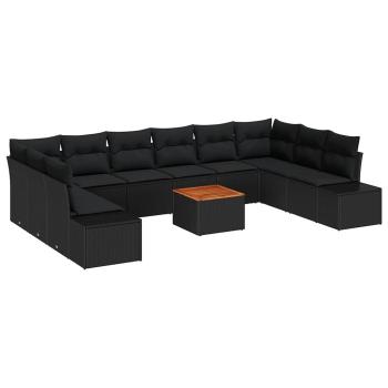11-teiliges Garten Sofa Set mit Kissen Schwarz Poly Rattan Akazie