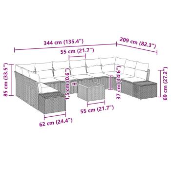 11-teiliges Garten Sofa Set mit Kissen Schwarz Poly Rattan Akazie