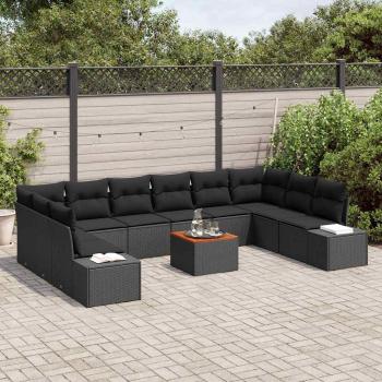 11-teiliges Garten Sofa Set mit Kissen Schwarz Poly Rattan Akazie