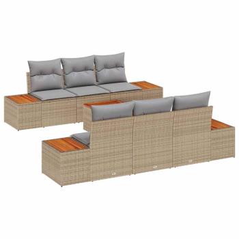 7-teiliges Garten Sofa Set mit Kissen Beige Poly Rattan Akazie
