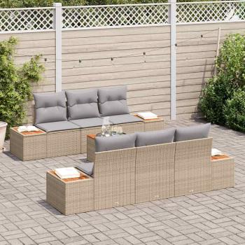 7-teiliges Garten Sofa Set mit Kissen Beige Poly Rattan Akazie