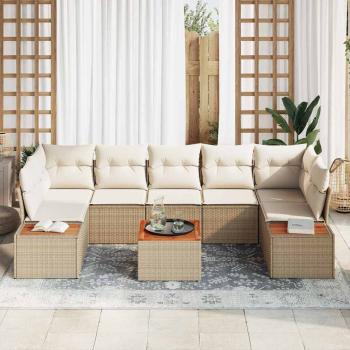 8-teiliges Garten Sofa Set mit Kissen Beige Poly Rattan Akazie