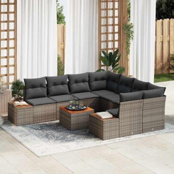 ARDEBO.de - 9-teiliges Garten-Sofa-Set mit Kissen aus grauem Poly-Rattan und Akazie
