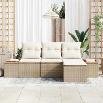 4-teiliges Garten Sofa Set mit Kissen Beiger Poly Rattan Akazie