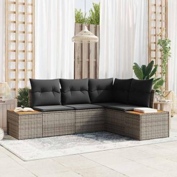 ARDEBO.de - 4-teiliges Garten-Sofa-Set mit Kissen in Grau aus Poly-Rattan und Akazie