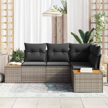 4-teiliges Garten-Sofa-Set mit Kissen in Grau aus Poly-Rattan und Akazie
