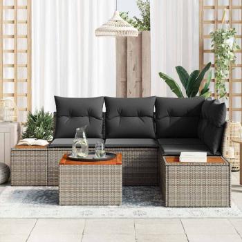 5-teiliges Garten-Sofa-Set mit Kissen Grau Poly-Rattan Akazie