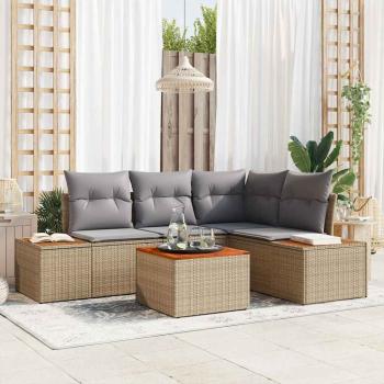 ARDEBO.de - 5-teiliges Garten-Sofa-Set mit Kissen Beige Poly Rattan Akazie
