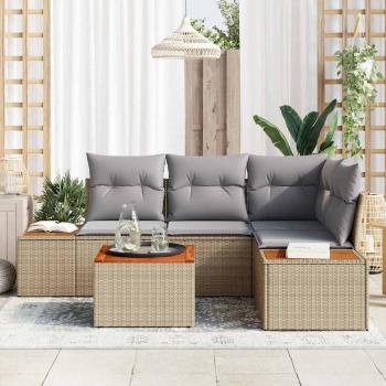 5-teiliges Garten-Sofa-Set mit Kissen Beige Poly Rattan Akazie