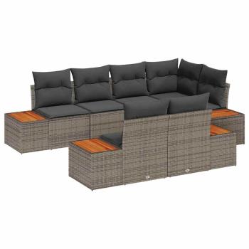 7-teiliges Garten-Sofa-Set mit Kissen Grau Poly Rattan Akazie
