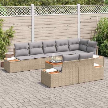 9-teiliges Garten Sofa Set mit Kissen Beige Poly Rattan Akazie
