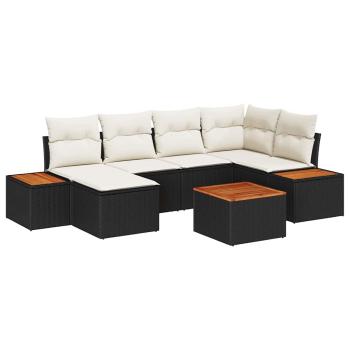 7-teiliges Garten Sofa Set mit Kissen Schwarz Poly Rattan Akazie