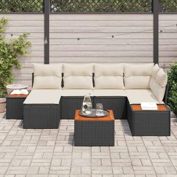 7-teiliges Garten Sofa Set mit Kissen Schwarz Poly Rattan Akazie