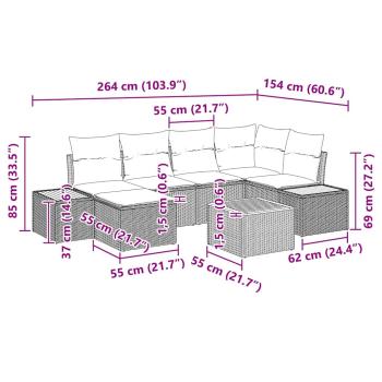 7-teiliges Garten Sofa Set mit Kissen Schwarz Poly Rattan Akazie