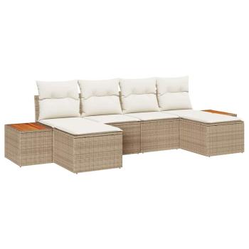 6-teiliges Garten Sofa Set mit Kissen Beige Poly Rattan Akazie