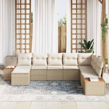 8-teiliges Garten Sofa Set mit Kissen Beige Poly Rattan Akazie