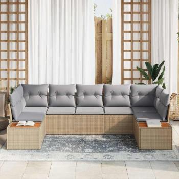 7-teiliges Garten-Sofaset mit Kissen Beige Poly-Rattan Akazie