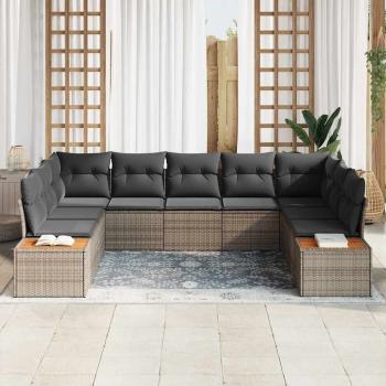 9-teiliges Garten Sofa Set mit Kissen Grau Poly Rattan Akazie