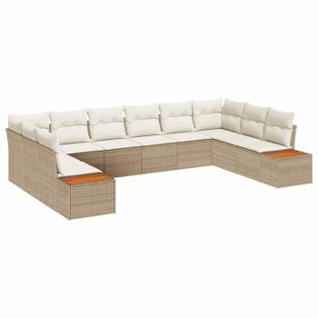 10-teiliges Garten Sofa Set mit Kissen Beige Poly Rattan Akazie