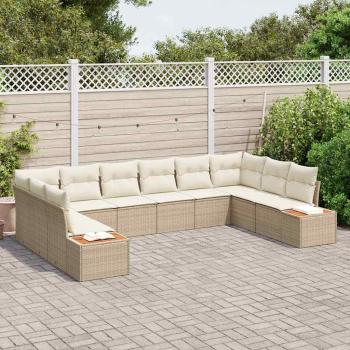 10-teiliges Garten Sofa Set mit Kissen Beige Poly Rattan Akazie