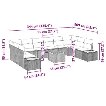 11-teiliges Gartensofa Set mit Kissen Schwarz Poly-Rattan Akazie